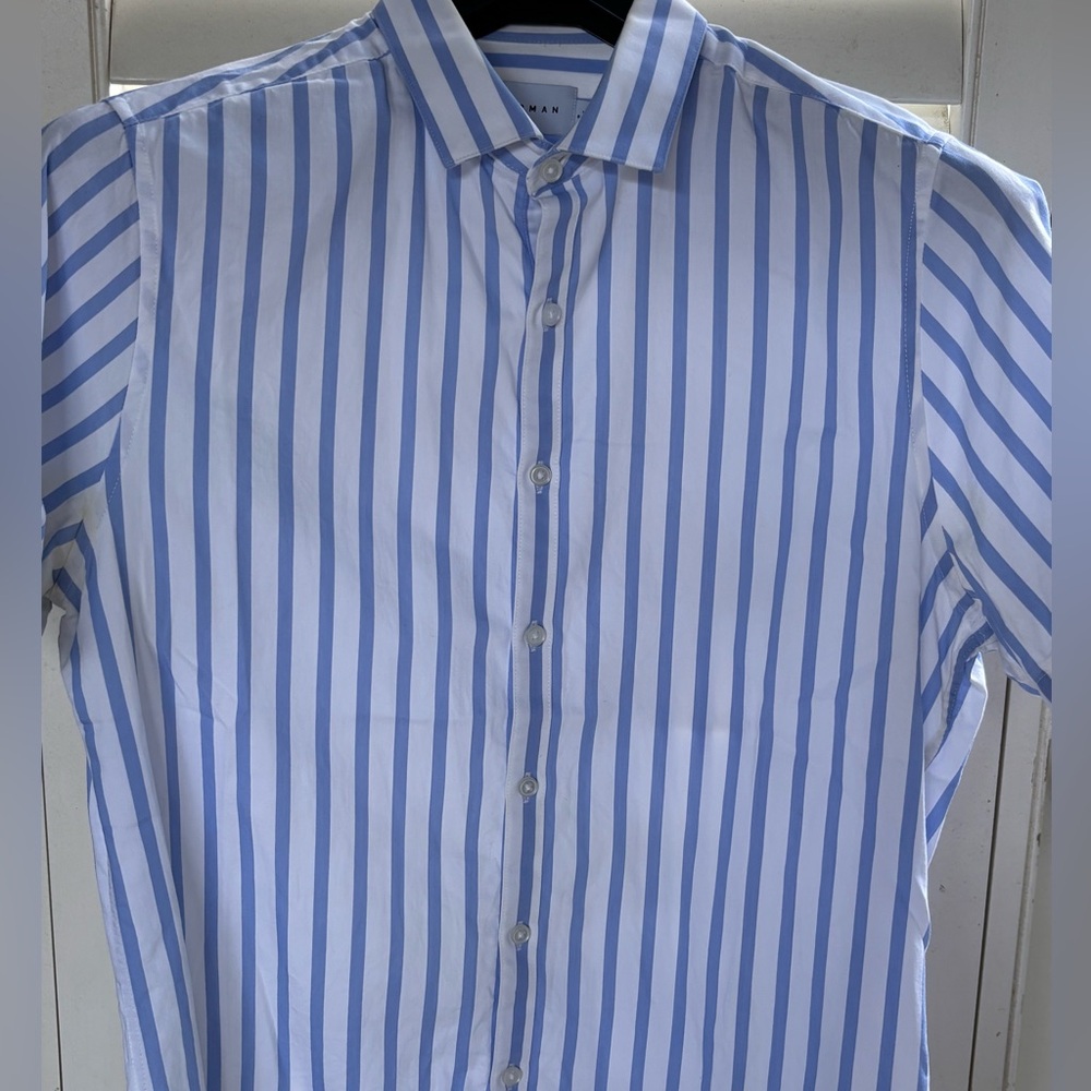 Topman‎ Blue and White Striped Casual Shirt large short sleeve chest 42 in